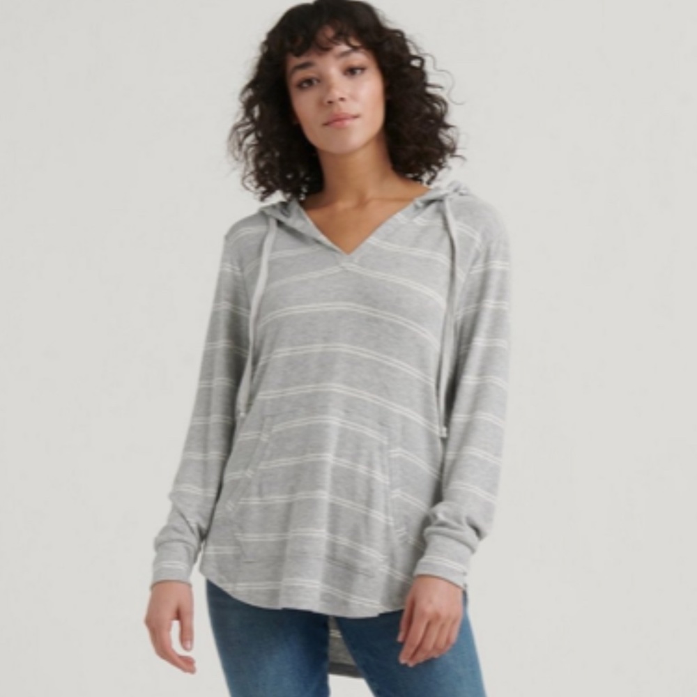 Lucky Brand Long Sleeve Gray Striped Hooded Sweater